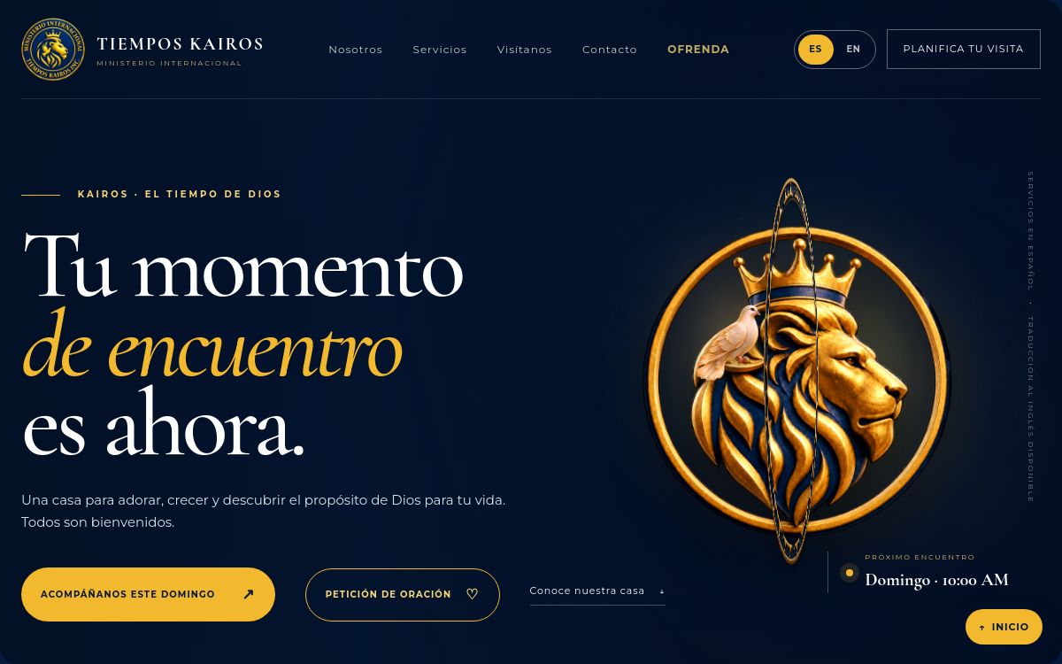 Actual Tiempos Kairos church website with navy and gold design and animated lion emblem